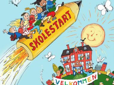 Tegning med børn der flyver på en raket på vej mod en skole
